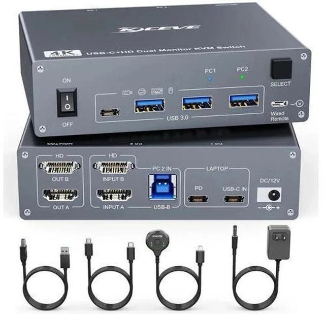 Main image of 2 Port Dual Monitor USB-C & HDMI KVM Switch 4K@60Hz, USB 3.0 Type-C KVM Switcher for 2 PCs Share Dual Displays, Keyboard & Mouse
