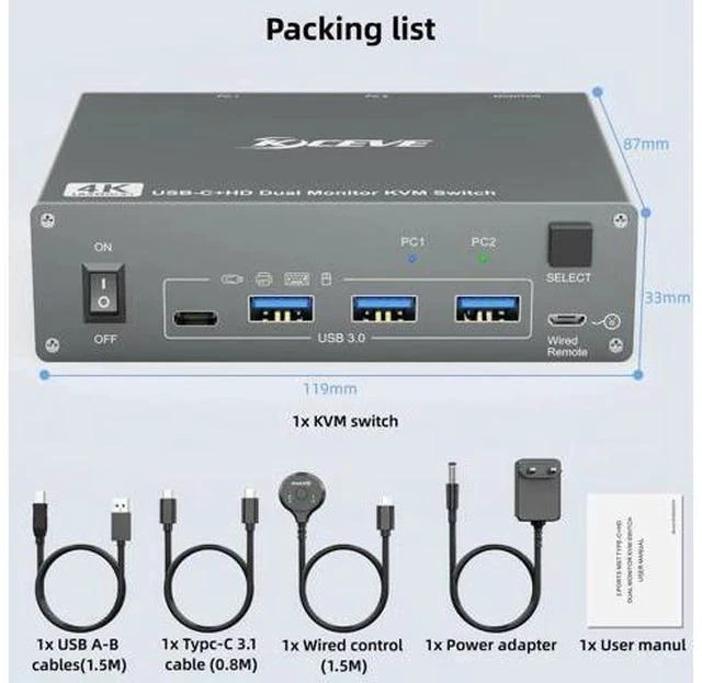 Alt view image 5 of 7 - 2 Port Dual Monitor USB-C & HDMI KVM Switch 4K@60Hz, USB 3.0 Type-C KVM Switcher for 2 PCs Share Dual Displays, Keyboard & Mouse