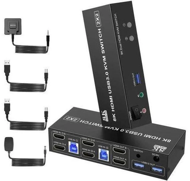 Main image of 2 Port Dual Monitor HDMI KVM Switch, 8K@60Hz USB3.0 KVM Switcher with Audio & Mic for 2 PCs Share 2 Monitors Keyboard Mouse