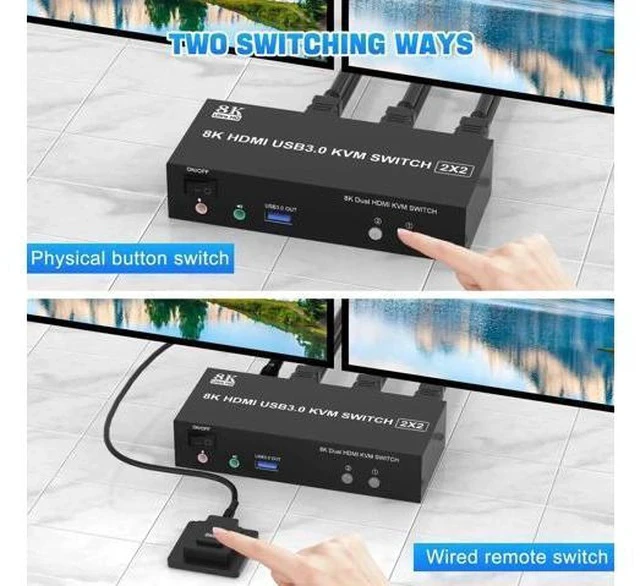 Alt view image 2 of 7 - 2 Port Dual Monitor HDMI KVM Switch, 8K@60Hz USB3.0 KVM Switcher with Audio & Mic for 2 PCs Share 2 Monitors Keyboard Mouse