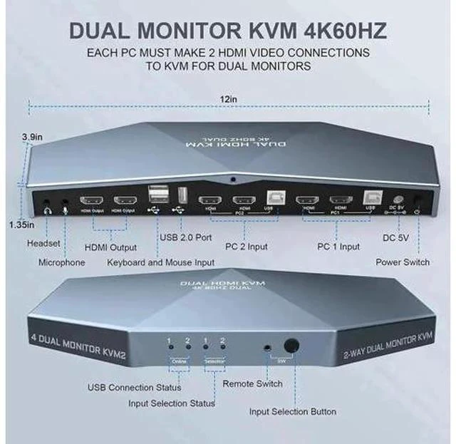 Alt view image 3 of 7 - 2 PCs Dual Monitor HDMI KVM Switch 4K@60Hz HDCP 2.2, 4×2 Dual Display KVM Switcher