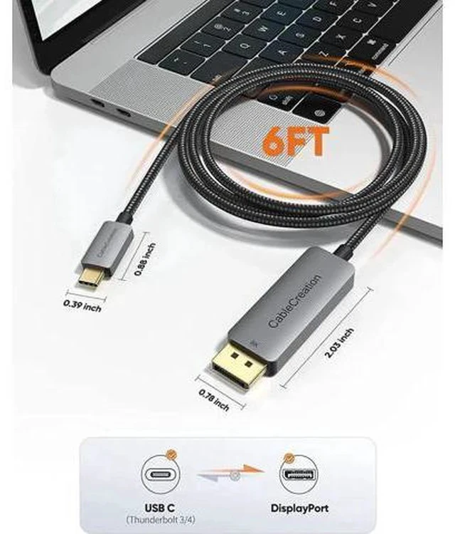 Alt view image 5 of 7 - 6FT USB-C to DisplayPort 1.4 Cable, 32.4Gbps, 8K@60Hz, 4K@144Hz, 2K@240Hz, HDR, Thunderbolt 3/4 Compatible for Rift S, MacBook, XPS 13/15, Surface Pro