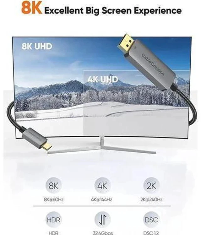 Alt view image 7 of 7 - 6FT USB-C to DisplayPort 1.4 Cable, 32.4Gbps, 8K@60Hz, 4K@144Hz, 2K@240Hz, HDR, Thunderbolt 3/4 Compatible for Rift S, MacBook, XPS 13/15, Surface Pro