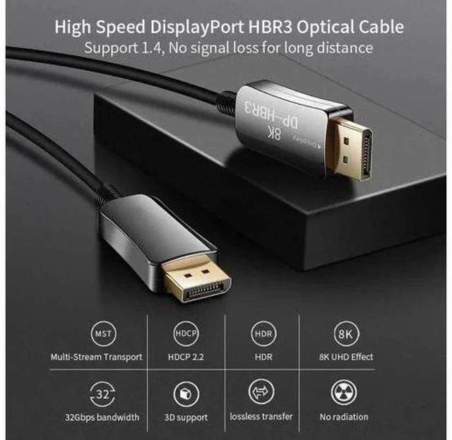 Alt view image 3 of 7 - 16FT DP 1.4 Optical Fiber Cable Displayport 1.4 8K@60Hz 4K 144Hz 32.4Gbps for HDTV Projector RTX 3070 3080