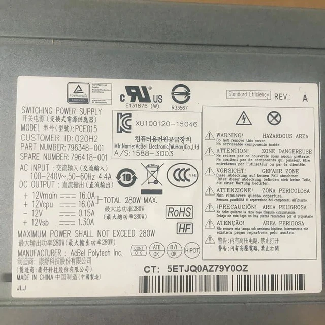 Alt view image 5 of 6 - PSU for H P 600 680 800 880 G2 280W Power Supply PCE015 PCE016 796418-001 PS-4281-1HB D13-280P1A DPS-280AB-5 B
