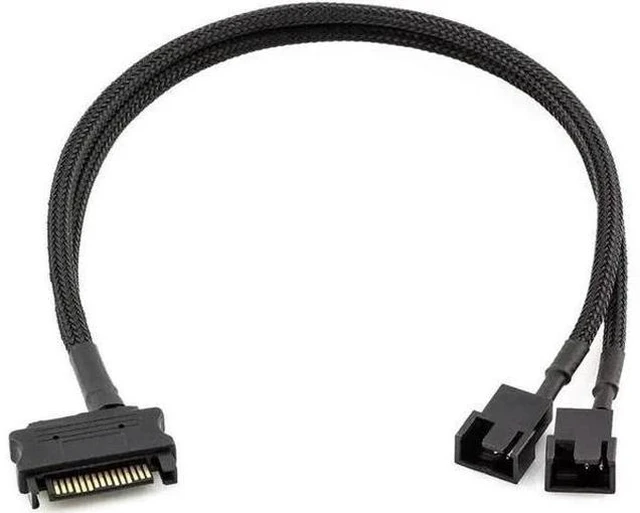 Main image of 10 Inch Black Sleeved 15Pin SATA to Dual 3Pin/4Pin PWM Fan Y Splitter Cable, SATA Power to 2 PC Case Cooling Fans Adapter Cord