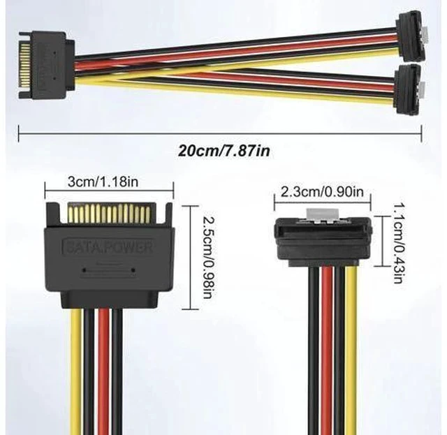 Alt view image 2 of 7 - 2 Pack 20CM SATA 15Pin Right Angle Y-Splitter Power Cable, 18AWG Male to Dual Female SATA Power Adapter for HDD & SSD