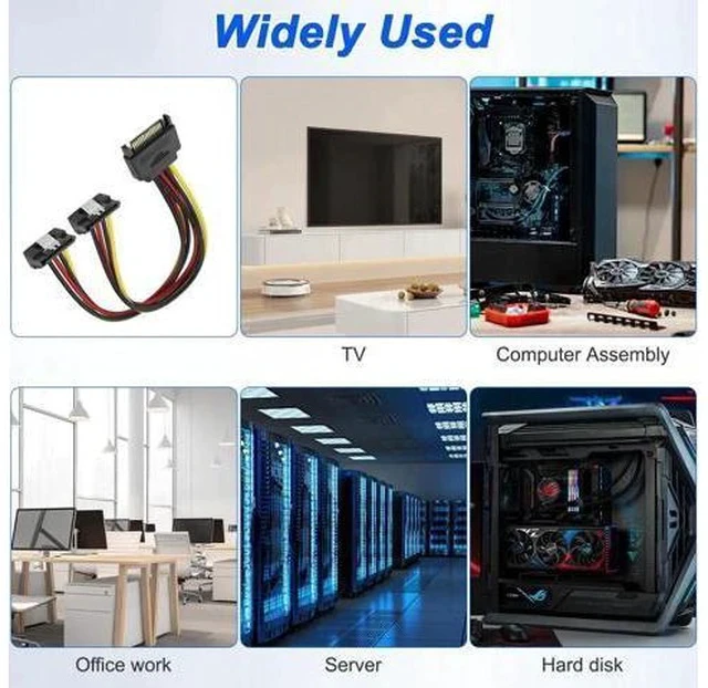 Alt view image 5 of 7 - 2 Pack 20CM SATA 15Pin Right Angle Y-Splitter Power Cable, 18AWG Male to Dual Female SATA Power Adapter for HDD & SSD