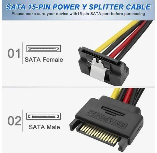 Alt view image 6 of 7 - 2 Pack 20CM SATA 15Pin Right Angle Y-Splitter Power Cable, 18AWG Male to Dual Female SATA Power Adapter for HDD & SSD