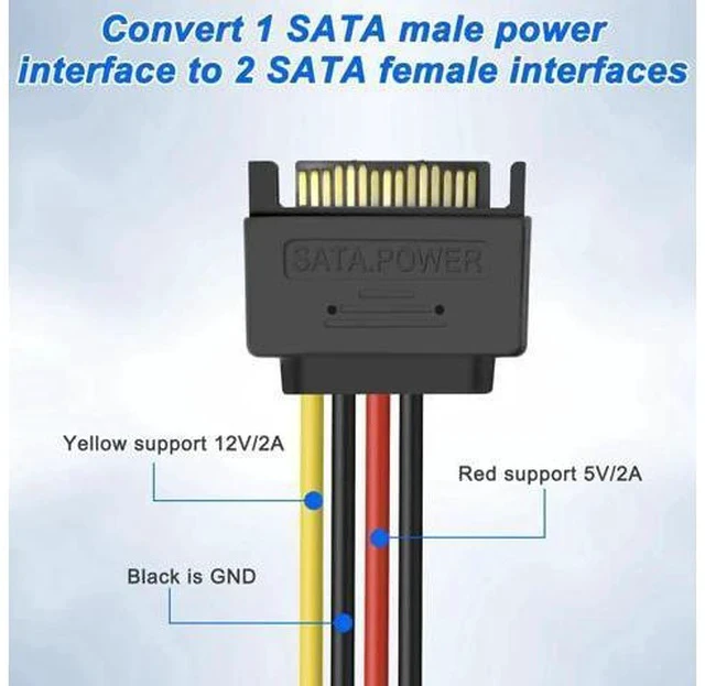 Alt view image 7 of 7 - 2 Pack 20CM SATA 15Pin Right Angle Y-Splitter Power Cable, 18AWG Male to Dual Female SATA Power Adapter for HDD & SSD