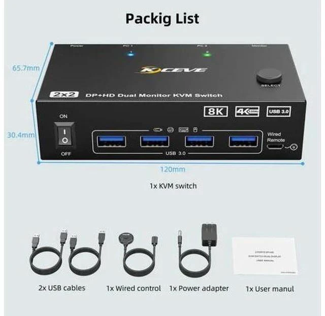 Alt view image 3 of 7 - 2x2 Dual Monitor DP+HDMI KVM Switch 8K@60Hz, USB 3.0 KVM Switcher for 2 PCs Share Dual Displays Keyboard Mouse