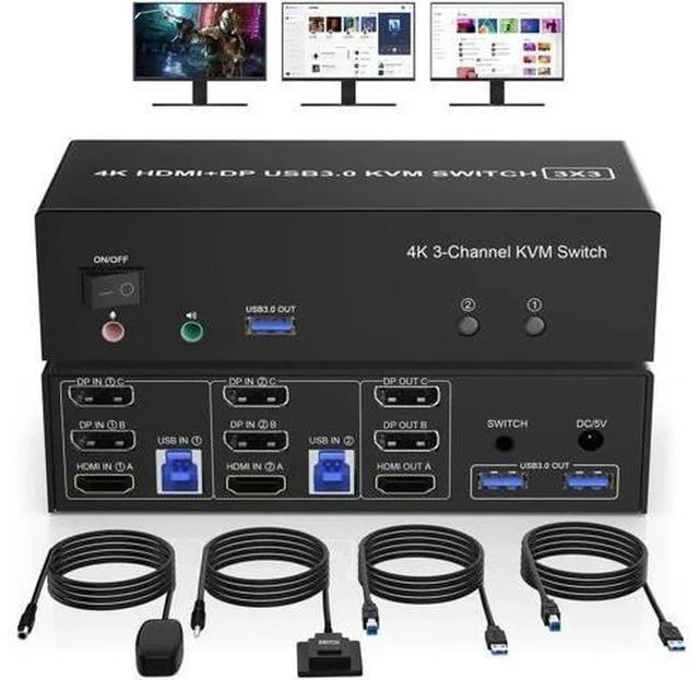 Main image of 2-Port Triple Monitor KVM Switch HDMI+2DP, 4K@60Hz USB3.0 KVM Switcher with Audio & 3 USB3.0 Ports for 2 Computers