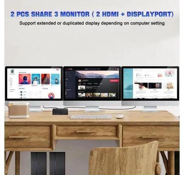 Alt view image 5 of 7 - 2-Port Triple Monitor KVM Switch 2HDMI+1DP, 4K@60Hz USB3.0 KVM Switcher with Audio & 3 USB 3.0 Ports for 2 PCs