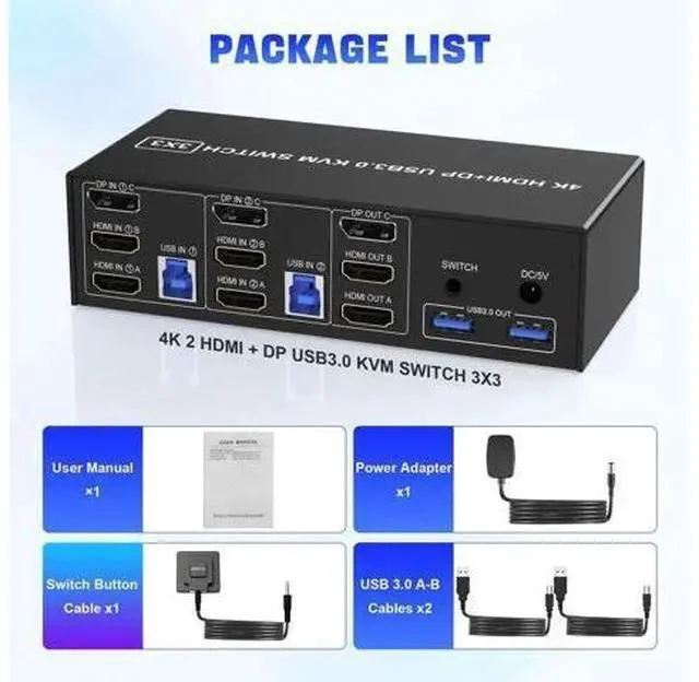 Alt view image 6 of 7 - 2-Port Triple Monitor KVM Switch 2HDMI+1DP, 4K@60Hz USB3.0 KVM Switcher with Audio & 3 USB 3.0 Ports for 2 PCs