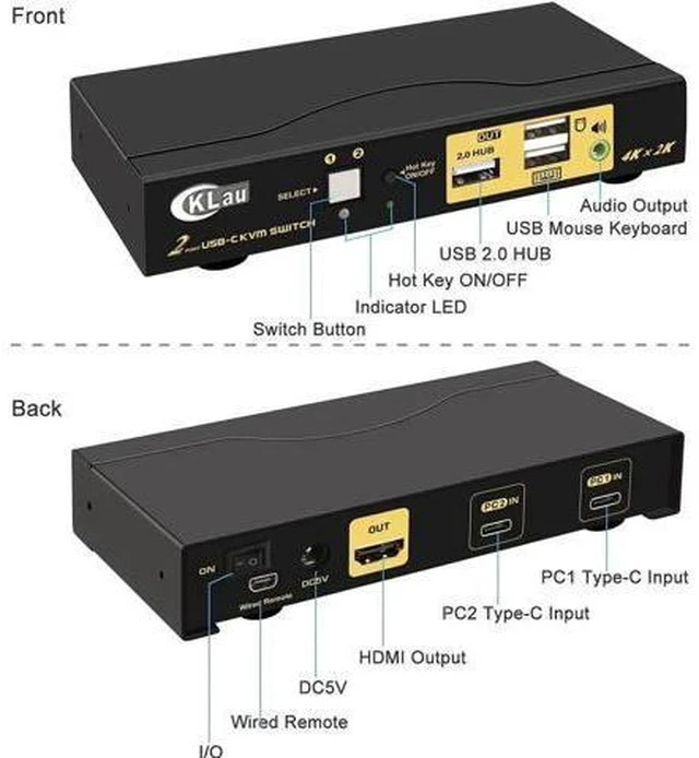 Alt view image 4 of 7 - 2 Port USB-C KVM Switch 4K@60Hz with Audio, USB Type-C KVM Switcher for 2 PCs/Mac/Mobile Share Single Monitor Keyboard Mouse, Cross OS Compatible