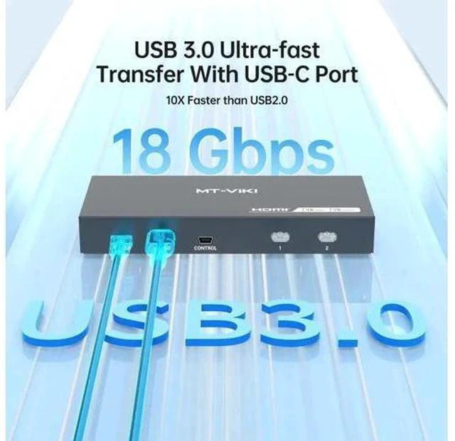 Alt view image 2 of 6 - MT-VIKI 2 Port HDMI USB 3.0 KVM Switch, 4K@60Hz 2K@144Hz, 4 USB 3.0 Ports (3 USB-A + 1 USB-C) for 2 Computers Share 1 Monitor