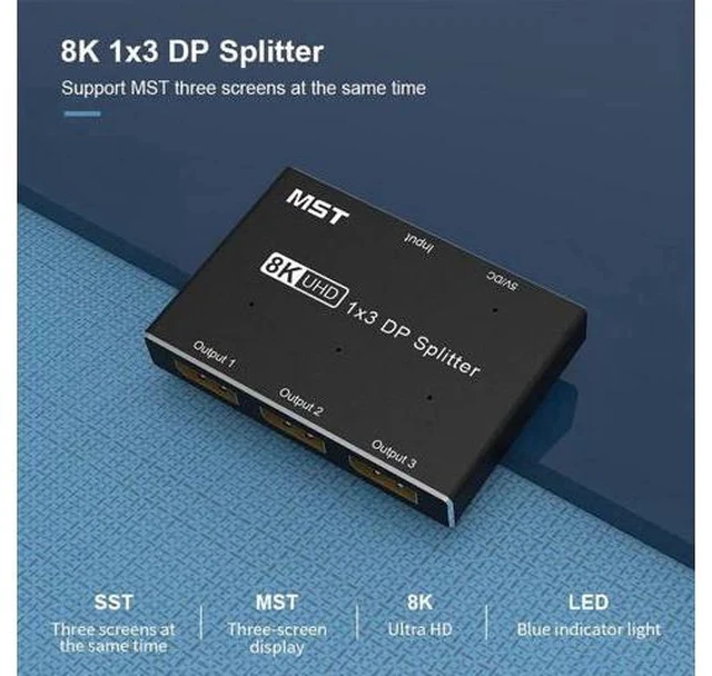 Alt view image 3 of 7 - 1 in 3 Out DisplayPort 1.4 Splitter MST SST Adapter, 8K@30Hz 4K@144Hz Triple DP Splitter, Ultra HD DP Source to 3 Monitors