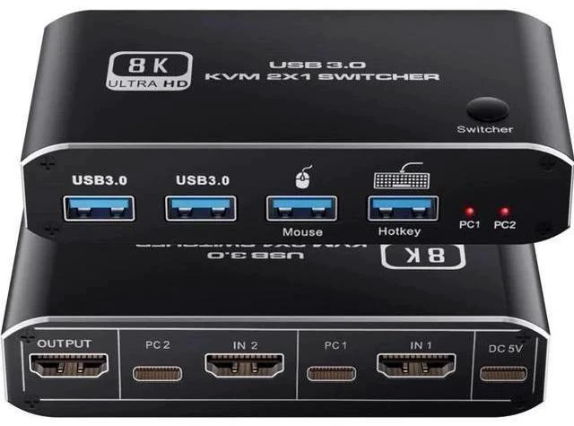 Main image of 2-Port HDMI 2.1 KVM Switch 2 In 1 Out, Support 8K@60Hz & 4K@120Hz, 4 USB3.0 Ports, Hotkey Switching for 2 PCs Sharing One Monitor, Keyboard & Mouse