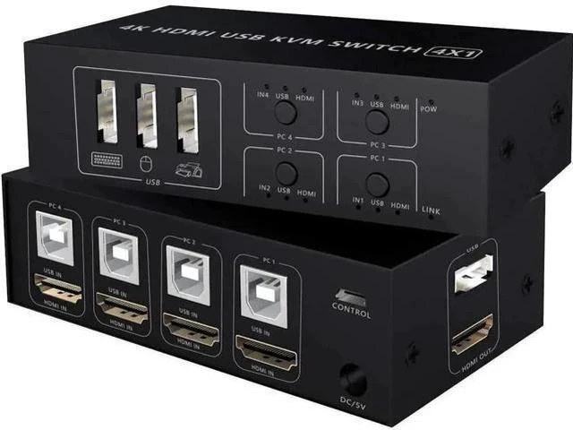 Main image of 4-Port 4 In 1 Out HDMI KVM Switch, 4K@60Hz, 4 PCs Share One Monitor, Keyboard & Mouse, Compatible with Laptop, PC, PS4, Xbox, HDTV
