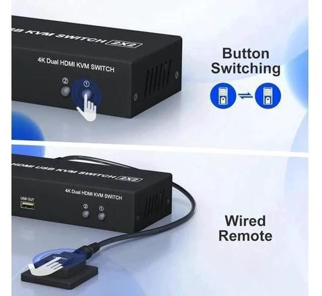Alt view image 6 of 7 - 2 Port Dual Monitor HDMI KVM Switch 4K@60Hz, 2 Computers Share Dual Screens, Audio/Mic Jack & 3 USB Ports, Extended/Mirror Mode Supported