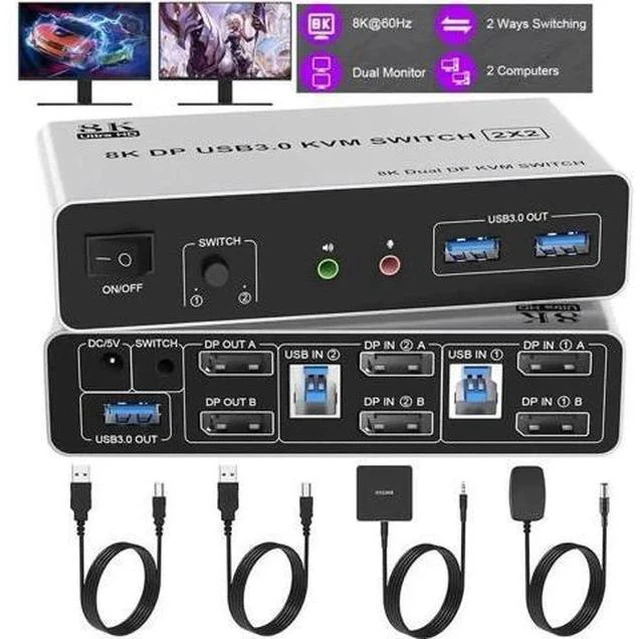 Main image of 2 Port Dual Monitor DP 1.4 KVM Switch 8K@60Hz, 2 PCs Share 2 DP Screens, 3 USB 3.0 & Audio Mic Port, Support Extended & Duplicate Display