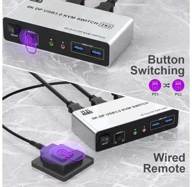 Alt view image 4 of 7 - 2 Port Dual Monitor DP 1.4 KVM Switch 8K@60Hz, 2 PCs Share 2 DP Screens, 3 USB 3.0 & Audio Mic Port, Support Extended & Duplicate Display