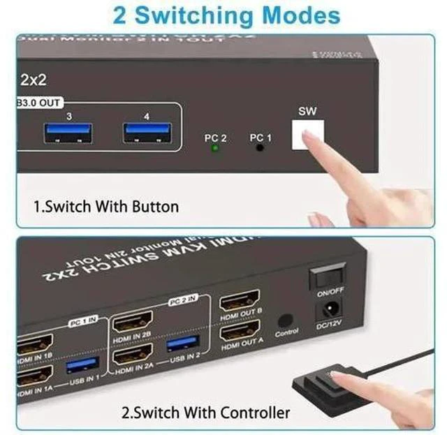 Alt view image 2 of 7 - 2 Port 2×2 Dual Monitor HDMI USB 3.0 KVM Switch 4K@60Hz, 4 USB Ports, Support Extended & Mirrored Display Modes for 2 PCs