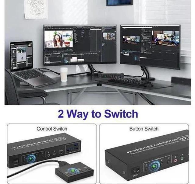 Alt view image 5 of 7 - 2 Port Dual Monitor HDMI KVM Switch 4K@60Hz USB 3.0, Cross Display Supported, with 3 USB 3.0 Ports & Audio Jack for 2 PCs Share 2 Displays