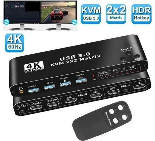 Main image of 2x2 Dual Monitor HDMI USB-C KVM Matrix Switch 2 In 2 Out, 4K@60Hz, 2 PCs Share 2 Monitors, Keyboard, Mouse & 2 USB3.0 Ports