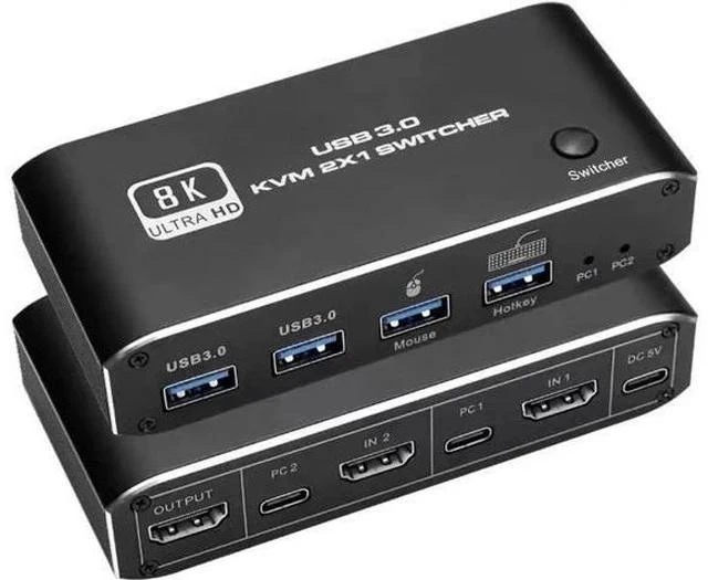 Main image of 2x1 HDMI2.1 8K KVM Switch, 4 USB3.0 Ports, 2 PCs Share 1 Monitor, Support 8K@60Hz,4K@120Hz,YUV4:4:4,HDCP2.3,HDR10,Keyboard Hotkey, Dark Metal Housing