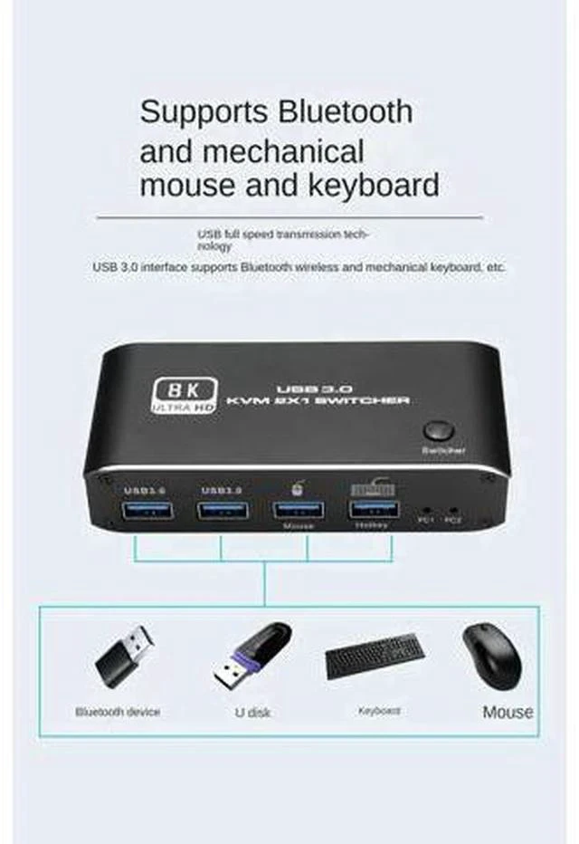 Alt view image 6 of 7 - 2x1 HDMI2.1 8K KVM Switch, 4 USB3.0 Ports, 2 PCs Share 1 Monitor, Support 8K@60Hz,4K@120Hz,YUV4:4:4,HDCP2.3,HDR10,Keyboard Hotkey, Dark Metal Housing