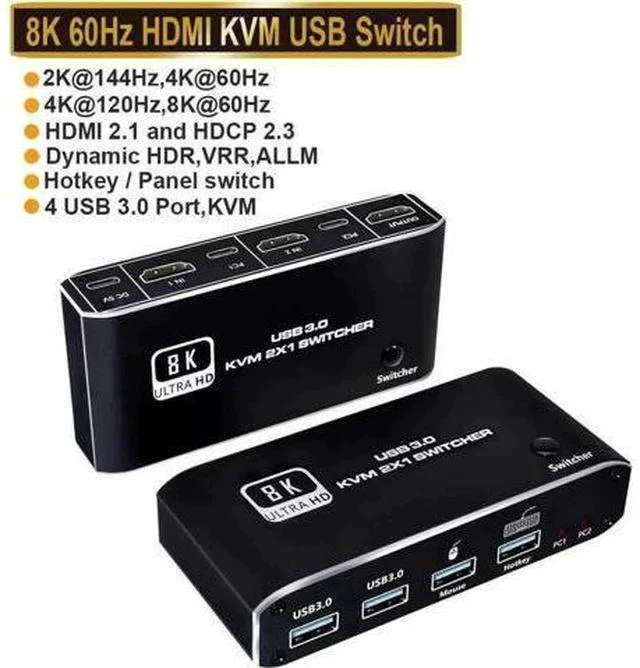 Main image of 2x1 HDMI 2.1 8K KVM Switch with 4 USB 3.0 Ports, 2 PCs Share Single Monitor, Support 8K@60Hz, 4K@120Hz, YUV 4:4:4, HDCP 2.3, HDR10 & Hotkey Switching