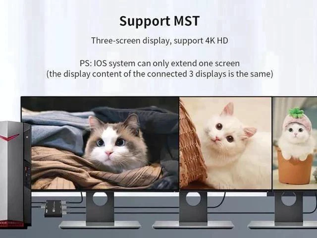 Alt view image 7 of 7 - 1 in 3 Out DP MST SST Splitter Hub 8K@30Hz 4K@120Hz DisplayPort Splitter 1x3 Port Ultra HD Video Converter Adapter for Single Source to 3 HD Monitors