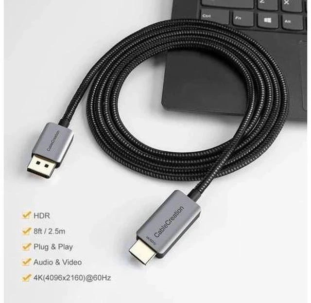 Alt view image 3 of 7 - 8FT Braided Active DP 1.4 to HDMI 2.0 Cable, Unidirectional DisplayPort to HDMI Cord Supports 4K@60Hz, 2K@144Hz, 1080P@144Hz HDR, Eyefinity Multi-Display, Aluminum Shell
