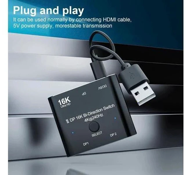 Alt view image 2 of 7 - Bi-Directional DisplayPort 2 in 1 Out Switch Splitter Hub, 16K@60Hz 4K@240Hz DP Video Converter Support HDCP & SST Mode for PC, Laptop, Gaming Monitor
