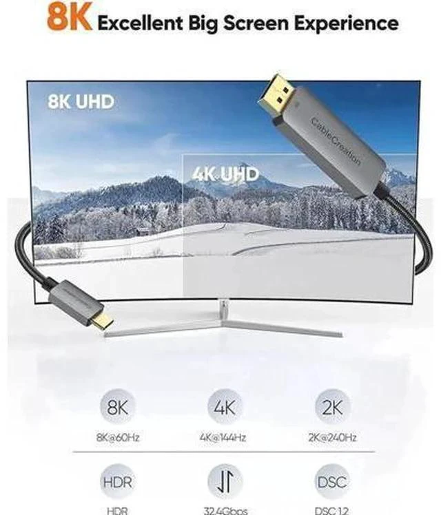 Alt view image 2 of 7 - fx-804 6FT USB C to DP 1.4 Cable, 32.4Gbps Type-C to DisplayPort Cord Supports 8K@60Hz,4K@144Hz,2K@240Hz HDR Compatible Thunderbolt 3/4,MacBook Pro/Air,Dell XPS 13/15,Surface Pro,Oculus Rift S