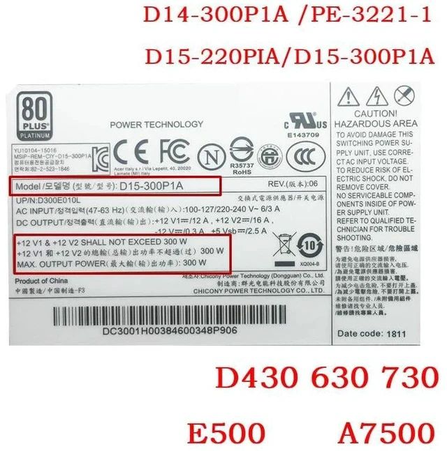 Alt view image 4 of 4 - PSU for 430 630 730 B10 500 7500 12Pin 300W Power Supply D15-300P1A D14-300P1A PE-3221-1 D15-220P1A PS-4301-01