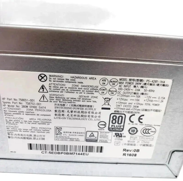 Alt view image 4 of 4 - 280W PSU for H P Pro Desk 600 680 800 880 G2 TWR Switching Power Supply PS-4281-1HA D14-280P1A PCE015 758752-001 758652-001