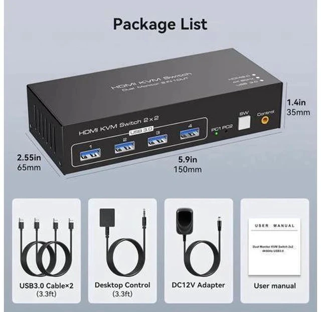 Alt view image 7 of 7 - 2 Port Dual Monitor HDMI KVM Switch 4K@60Hz USB 3.0, 4 USB 3.0 Ports for 2 PCs Share 2 Displays, Keyboard, Mouse, Printer & USB Flash Drive
