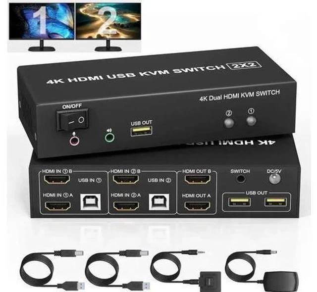 Main image of 2x2 Dual Monitor HDMI KVM Switch 4K@60Hz, 2 Port KVM Switcher with Audio Mic & 3 USB Ports, Support Extended & Mirror Mode for 2 PCs Share Two Displays