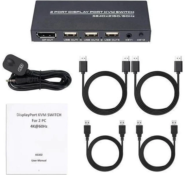 Alt view image 2 of 6 - 2-Port DisplayPort KVM Switch, 4K@60Hz DP KVM Switcher for 2 Laptops Sharing One Monitor Keyboard Mouse, Comes with 2 DP Cables & 2 USB Cables