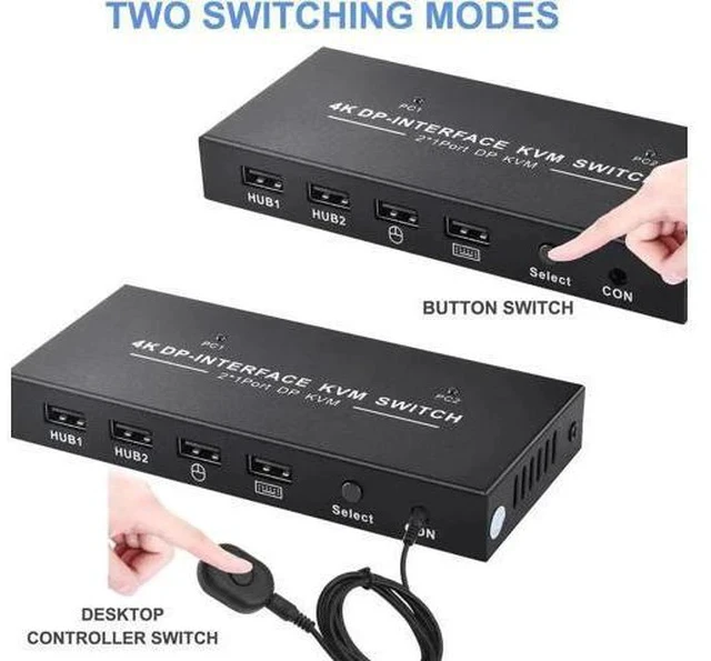Alt view image 2 of 6 - 2 Port 2 In 1 Out DP 1.2 KVM Switch 4K@60Hz, USB Sharing for Keyboard & Mouse, Single DP Monitor Control for 2 PCs