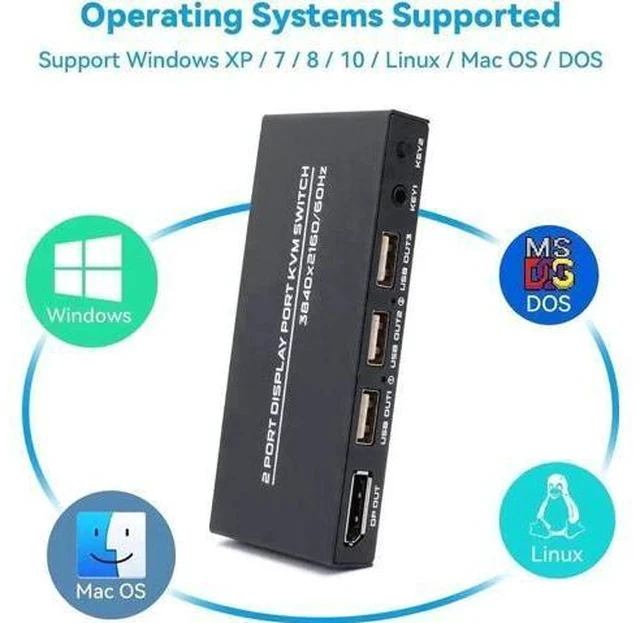 Alt view image 2 of 6 - 2 Port DisplayPort KVM Switch 4K@60Hz, 2 Laptops/PCs Share One Monitor Keyboard Mouse, Includes 2 DP Cables & 2 USB Cables