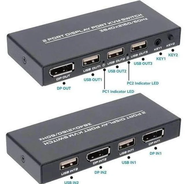 Main image of 2 Port DisplayPort KVM Switch 4K@60Hz, 2 Laptops/PCs Share One Monitor Keyboard Mouse, Includes 2 DP Cables & 2 USB Cables