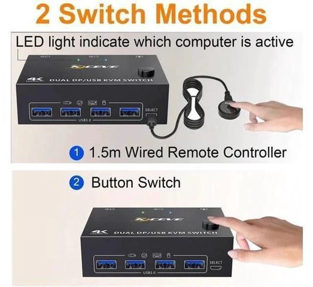 Main image of Dual Monitor DisplayPort KVM Switch 2 Computers, 4K@144Hz USB 3.0 KVM Switcher with 4 USB Ports, Wired Remote Control Included