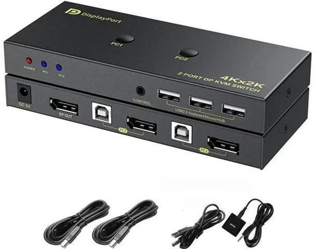 Main image of 2 Port DP 1.2 DisplayPort KVM Switch 4K@60Hz, 2 Computers Share 1 Monitor Keyboard Mouse with USB 2.0 Ports & USB Cables Included