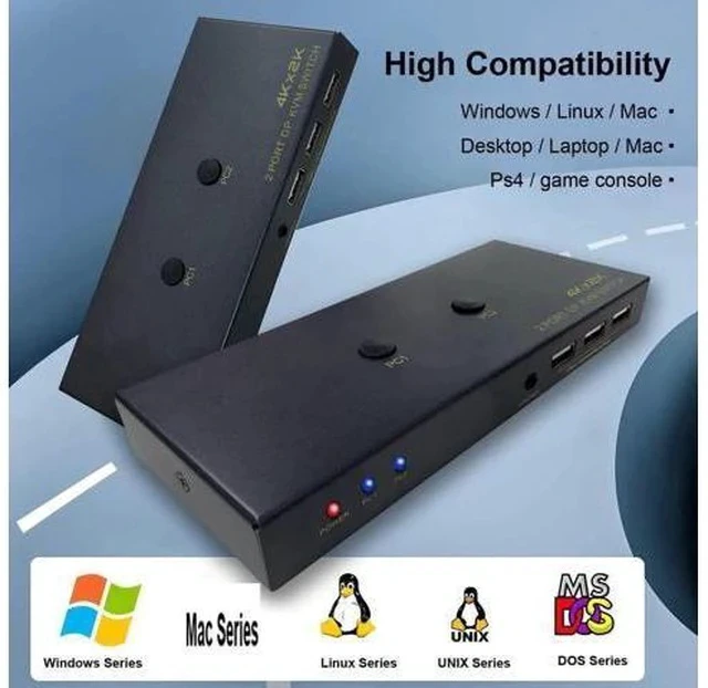 Alt view image 2 of 7 - 2 Port DP 1.2 DisplayPort KVM Switch 4K@60Hz, 2 Computers Share 1 Monitor Keyboard Mouse with USB 2.0 Ports & USB Cables Included