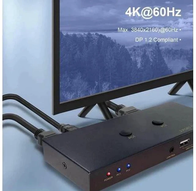 Alt view image 3 of 7 - 2 Port DP 1.2 DisplayPort KVM Switch 4K@60Hz, 2 Computers Share 1 Monitor Keyboard Mouse with USB 2.0 Ports & USB Cables Included