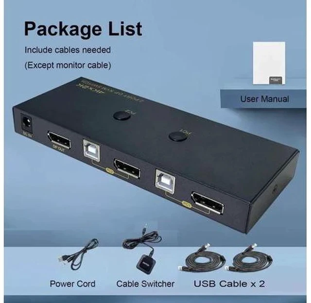 Alt view image 4 of 7 - 2 Port DP 1.2 DisplayPort KVM Switch 4K@60Hz, 2 Computers Share 1 Monitor Keyboard Mouse with USB 2.0 Ports & USB Cables Included
