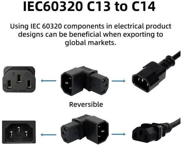 Alt view image 3 of 7 - 90-Degree Up Angled IEC320 C14 Male to C13 Female Power Adapter, 10A 250V Right Angle Turning Connector for PC, Monitor, PDU, Printer